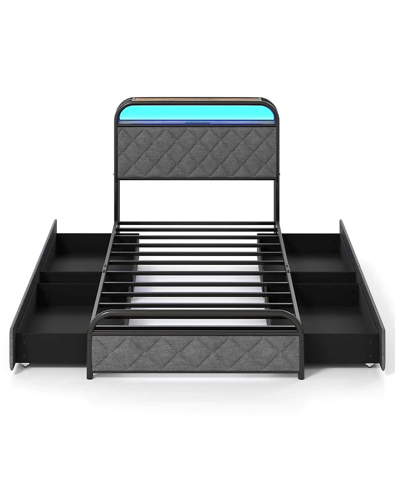 Twin Size Bed Frame with Led Lights & Charging Station Storage Headboard & Drawers