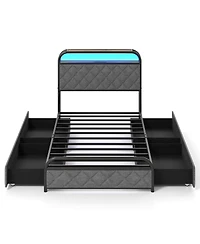 Twin Size Bed Frame with Led Lights & Charging Station Storage Headboard & Drawers