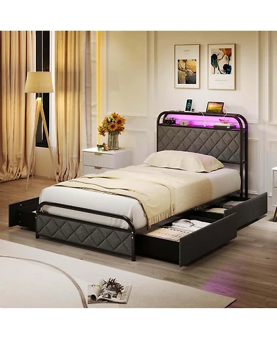 Twin Size Bed Frame with Led Lights & Charging Station Storage Headboard & Drawers