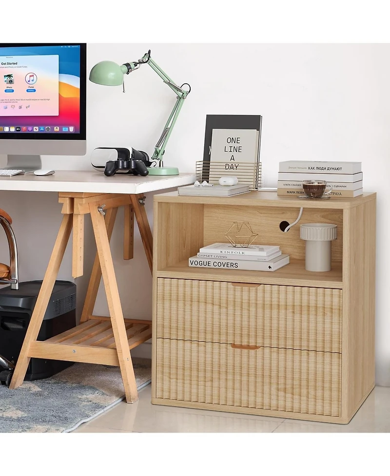 gaomon 23" Wooden Fluted Nightstand with Charging Station and 2 Drawers