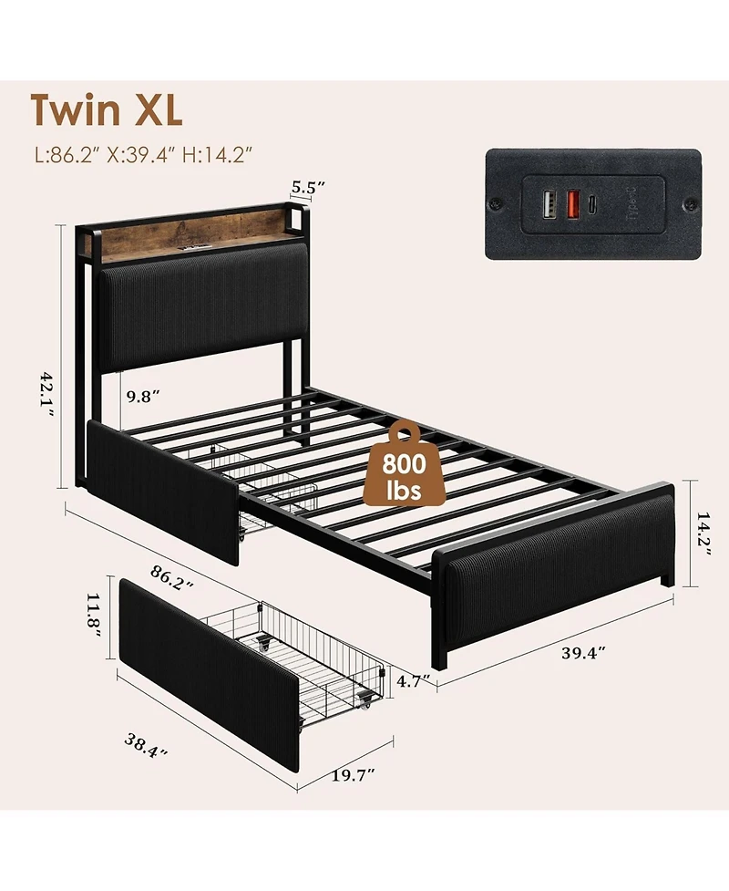 gaomon Twin Xl Bed Frame with Storage,Corduroy Upholstered Platform Bedframe Storage Drawers and Charging Station