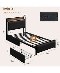 gaomon Twin Xl Bed Frame with Storage,Corduroy Upholstered Platform Bedframe Storage Drawers and Charging Station