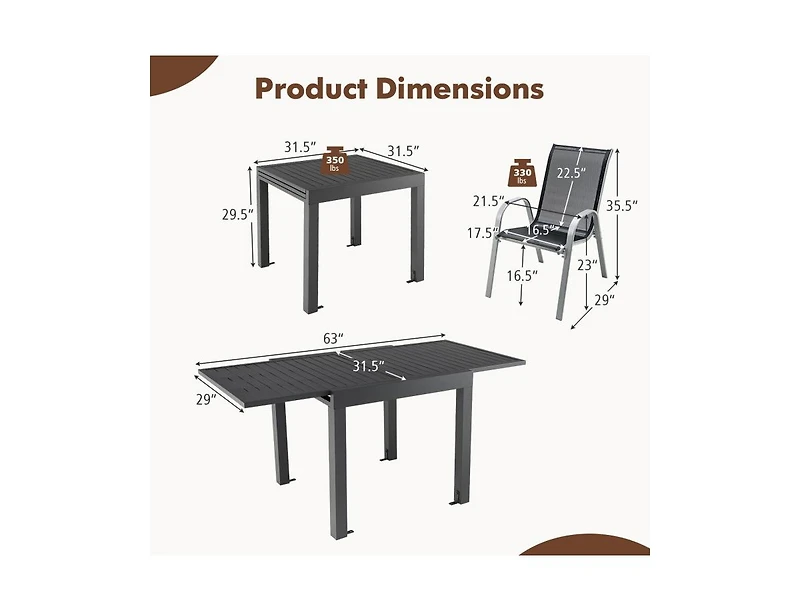 Slickblue Extendable Aluminum Outdoor Dining Set with 4 Stackable Chairs