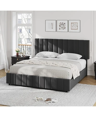 gaomon King Upholstered Bed Frame 4 Storage Drawers Adjustable Headboard Wooden Slats Support No Box Spring