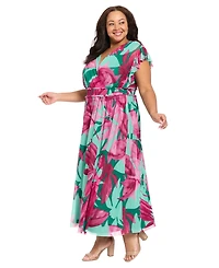 London Times Plus Flutter-Sleeve Surplice V-Neck Mesh Maxi dress