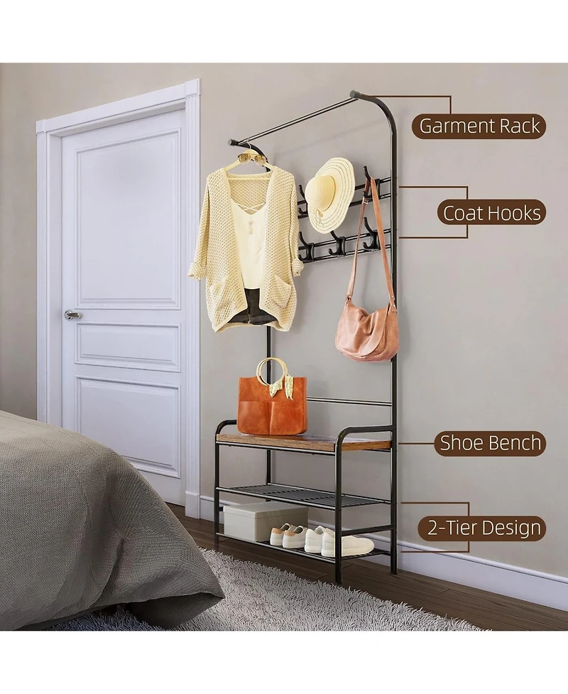 gaomon Hall Tree with Entryway Bench with Coat Rack Shoe Rack Bench, 3 in 1 Hall Tree with Bench and Shoe Storage, 3-Tier Storage Shelf and 8 Hooks