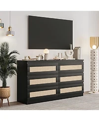 gaomon Rattan Dresser for Bedroom, Modern 6 Drawer Double Wide Wood Chest of Drawers Living Room, Hallway