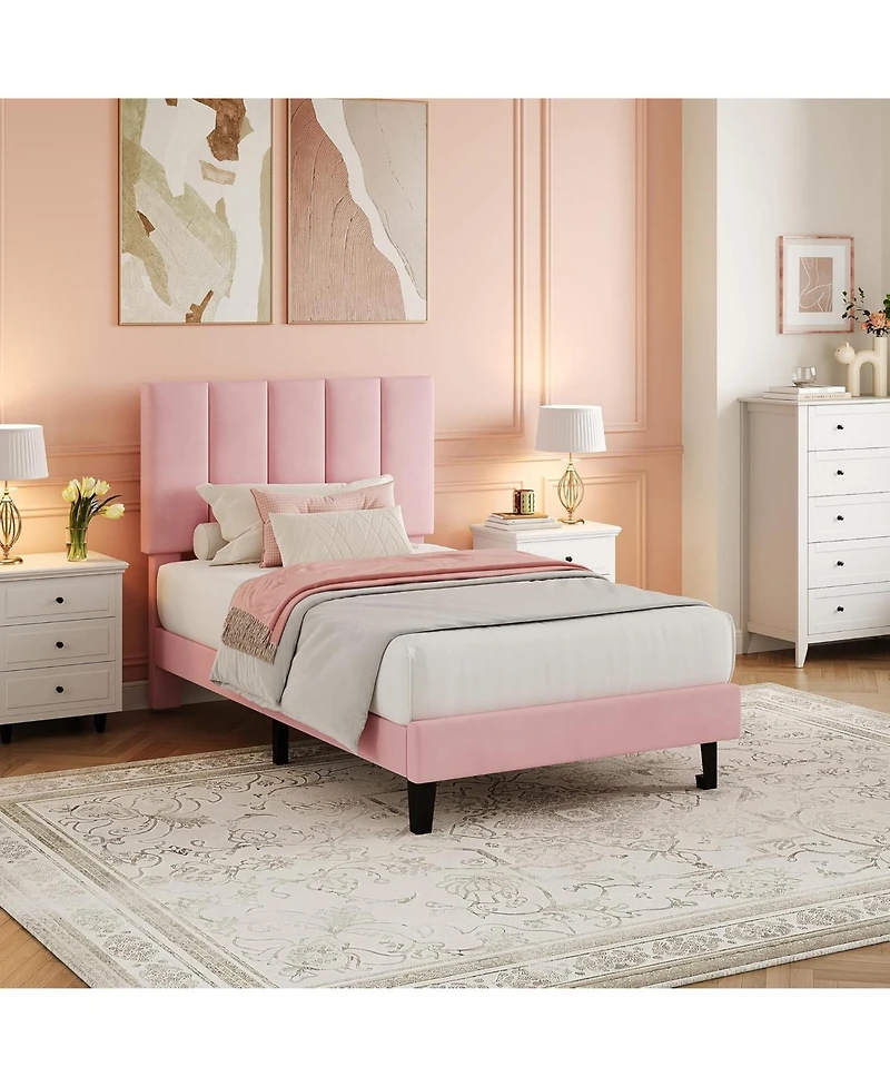 gaomon Bed Frame, Velvet Upholstered Platform Bed with Adjustable Vertical Channel Tufted Headboard, No Box Spring Needed, Easy Assembly