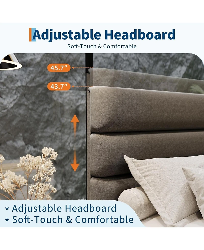 gaomon King Size Platform Bed Frame with Adjustable Headboard, Fabric Upholstered and Wooden Slats Support, Heavy Duty Mattress Foundation