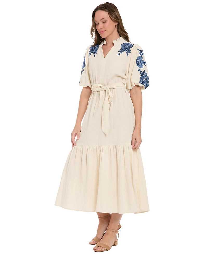 London Times Women's Ruffle Neck Bubble Embroidered-Sleeve Tiered Maxi Dress