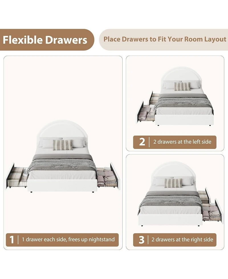 gaomon Full Bed Frame Storage Drawers Upholstered Boucle Platform Round Headboard Heavy Duty Noise-Free No Box Spring White