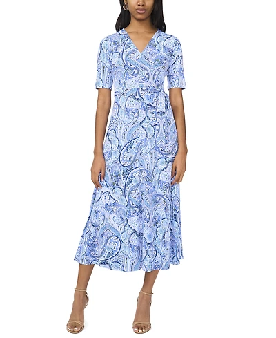 Msk Petite Printed V-Neck Short-Sleeve Midi Dress