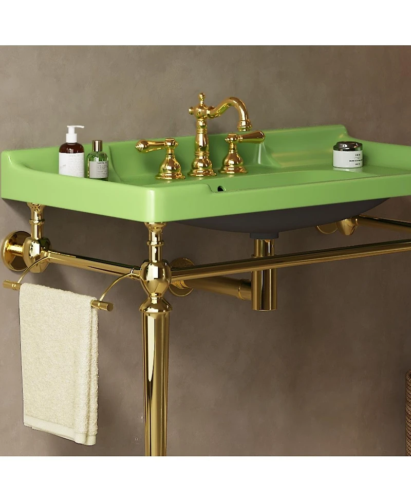 Sillysis 36" Bathroom Console Sink with Green Ceramic Vanity, Wall Mounted Basin & Stainless Steel Legs, Towel Bar Included