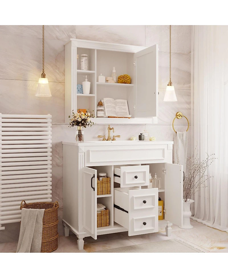 Sillysis 36" Bathroom Vanity with Sink and Mirror, Modern Freestanding Solid Wood Cabinet with Storage Drawers and Ceramic Top
