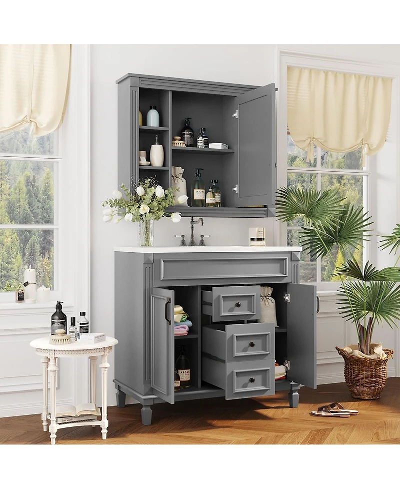 Sillysis 36" Bathroom Vanity with Sink and Mirror, Modern Freestanding Solid Wood Cabinet Storage Drawers Ceramic Top-Sillysis
