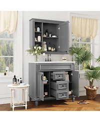 Sillysis 36" Bathroom Vanity with Sink and Mirror, Modern Freestanding Solid Wood Cabinet Storage Drawers Ceramic Top-Sillysis