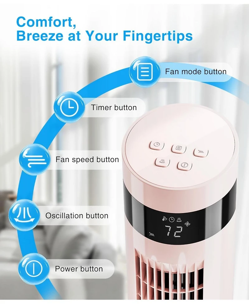 Antarctic Star Digital Oscillating Tower Fan, 3-Speed with Remote & 12H Timer