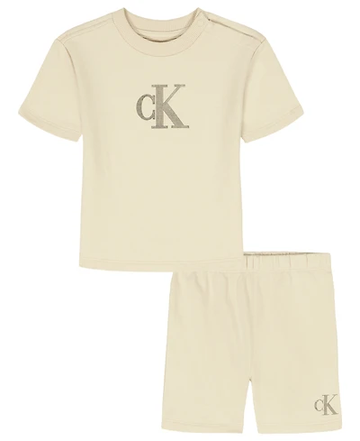 Calvin Klein Baby Boys' French Terry Short-Sleeve Logo Crewneck Top and Shorts, 2-Piece Set