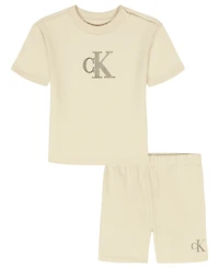 Calvin Klein Baby Boys' French Terry Short-Sleeve Logo Crewneck Top and Shorts, 2-Piece Set
