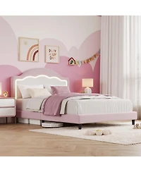 gaomon Twin Size Kids Bed with Led Headboard, Plush Sherpa Fabric Upholstery, Slat Support (No Box Spring Needed), Easy Assembly for Boys & Girls