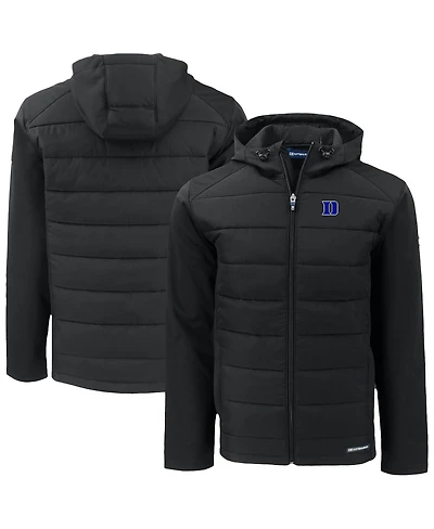 Cutter & Buck Men's Black Duke Blue Devils Evoke Hybrid Eco Softshell Full-Zip Hoodie Jacket
