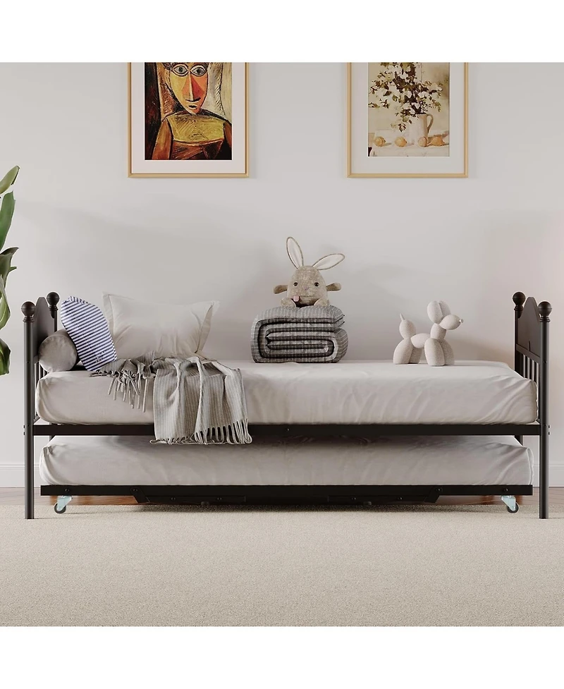 gaomon Daybed with Trundle Pop Up Foldable Metal Sofa Bed Stylish Headboard Steel Slats Living Room Bedroom