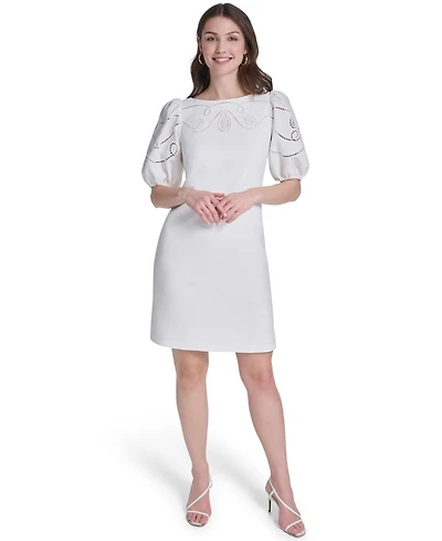Vince Camuto Petite Embroidered Bodice Puff-Sleeve Shift Dress