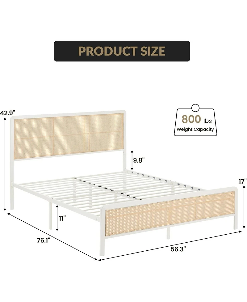 gaomon Size Rattan Bed Frame with Headboard, Modern Style Cane Boho Bed Frames with Heavy Duty Sturdy Steel Slat Support