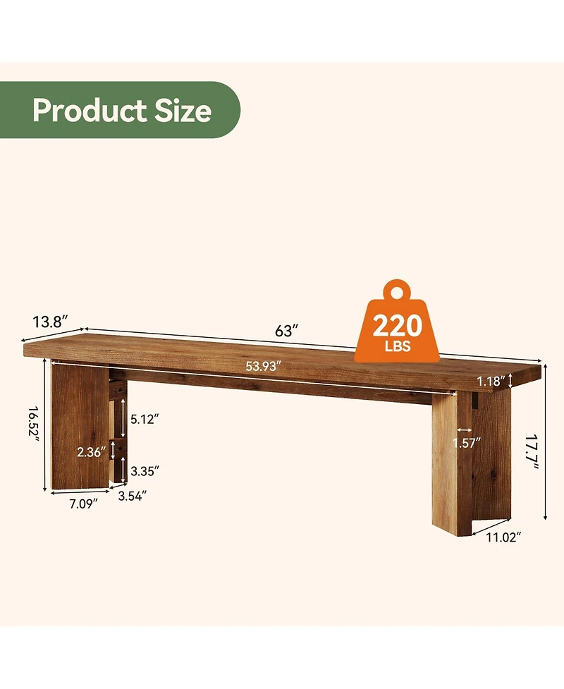 Tribesigns Solid Wood Bench, 62.99" Entryway Bench with Thickened Legs, Farmhouse Wooden Seating Benches
