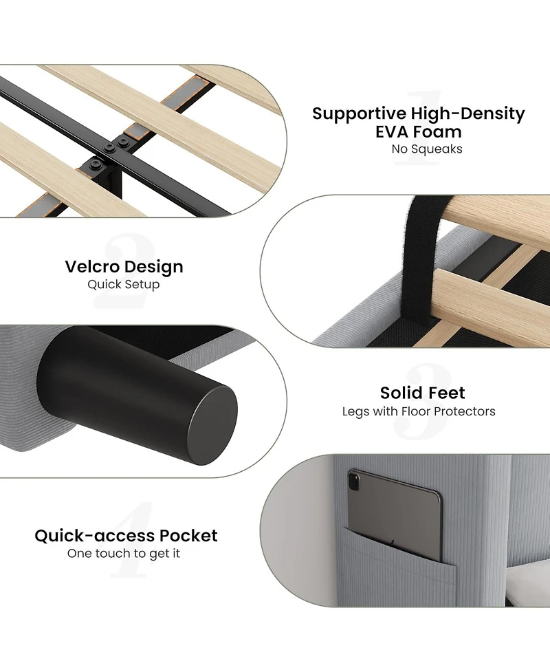 gaomon Twin Wingback Bed Frame Vertical Stripe Velvet Upholstered 2 Storage Pockets Wood Slats No Box Spring