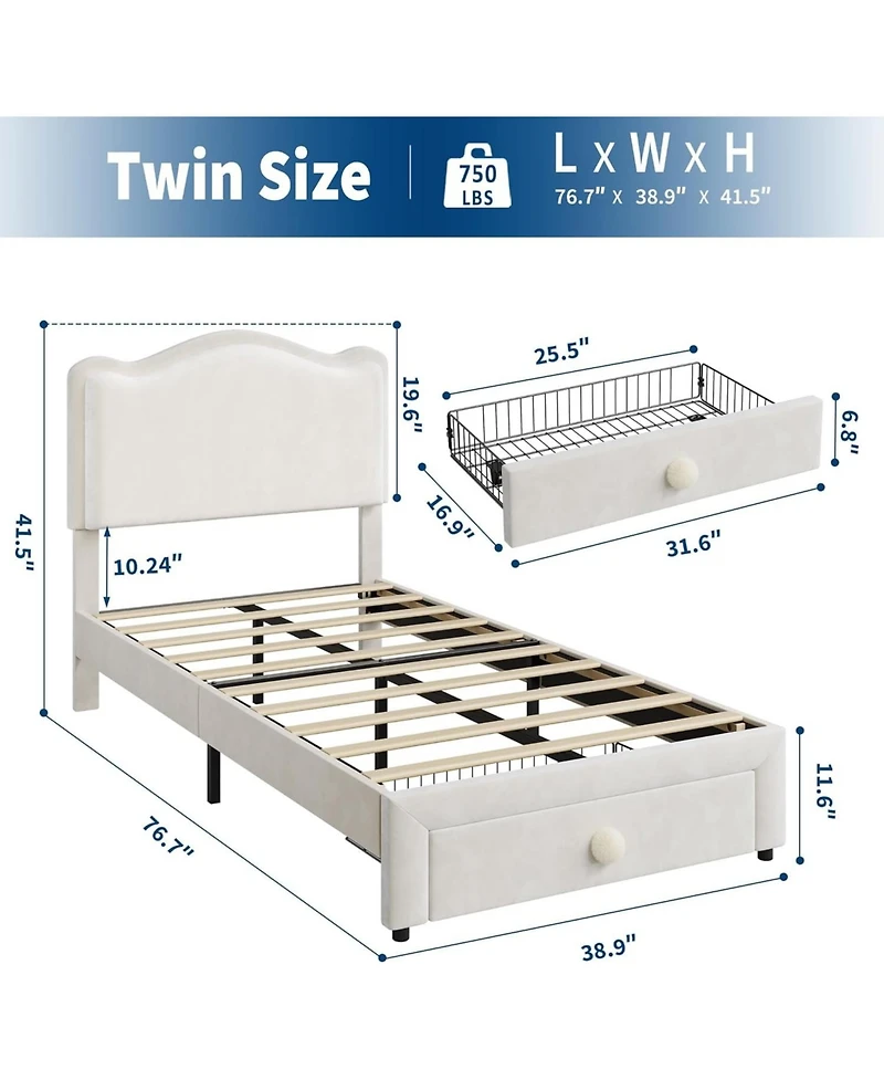 gaomon Twin Upholstered Bed Frame 2 Storage Drawers Velvet Princess Platform Double Wavy Headboard Wood Slats No Box Spring