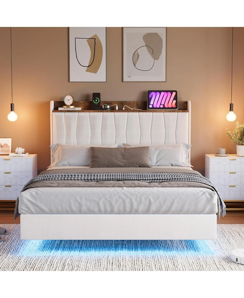 gaomon Floating Bed Frame with Led Lights & Charging Station Upholstered Platform Storage Headboard Wood Slats Support Easy to Assemble