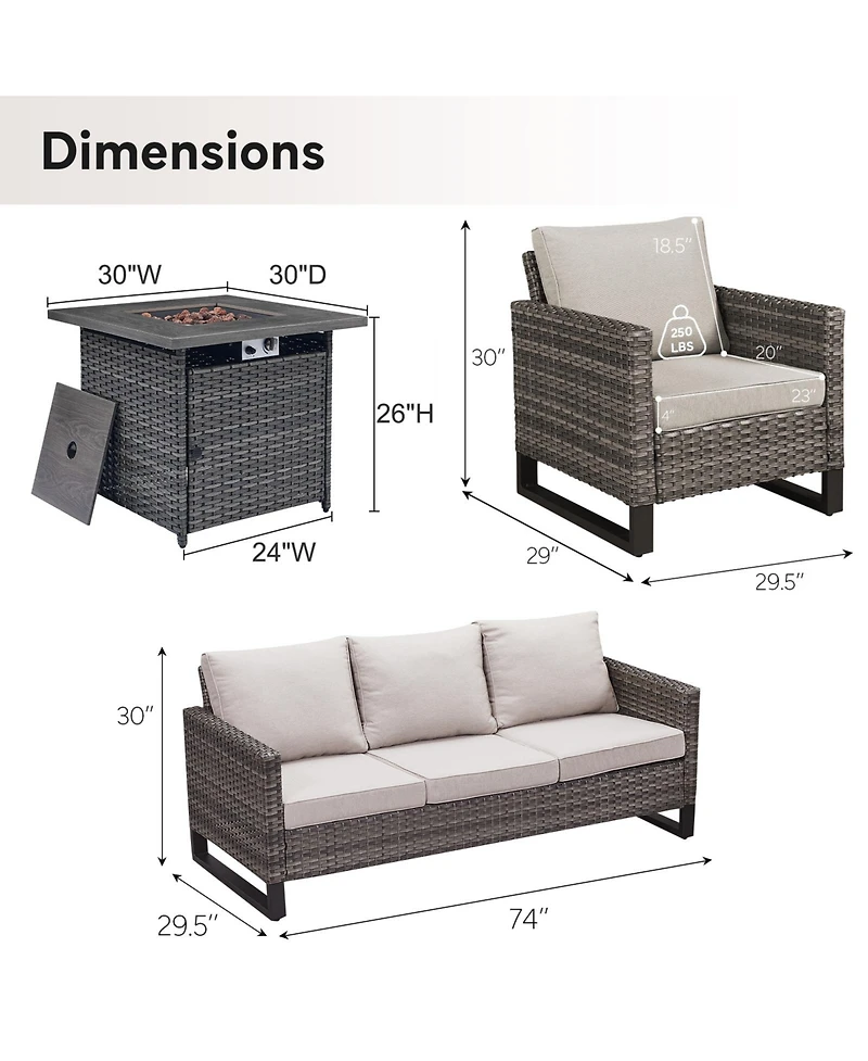 Gymojoy 4 Pieces Outdoor Patio Furniture Set with Fire Pit Table, Rattan Wicker Conversation 3-Seat Sofa,Wicker Cushioned Chairs