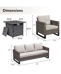 Gymojoy 4 Pieces Outdoor Patio Furniture Set with Fire Pit Table, Rattan Wicker Conversation 3-Seat Sofa,Wicker Cushioned Chairs