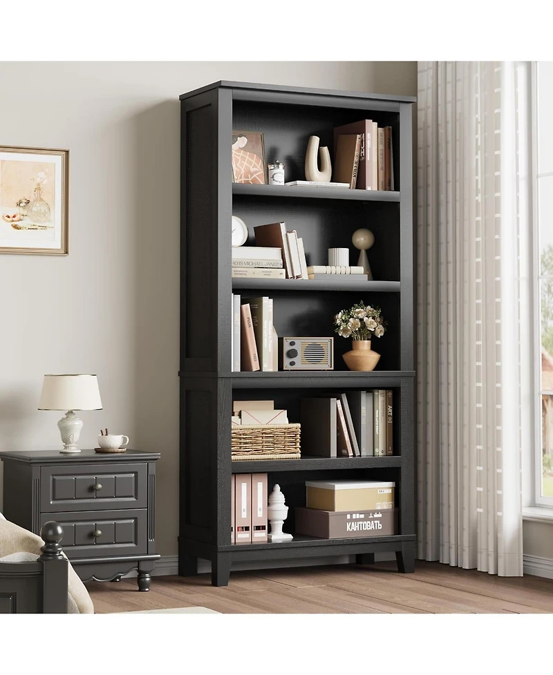 Gaomon Tall 5-Tier Farmhouse Bookcase with Adjustable Shelves, Wide, Wood Bookshelf with Wooden Legs for Living Room, Office, Library