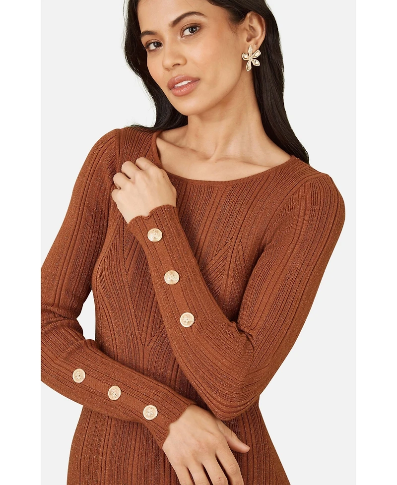 Yumi Women's Fitted Button-Detail Shimmery Midi Dress