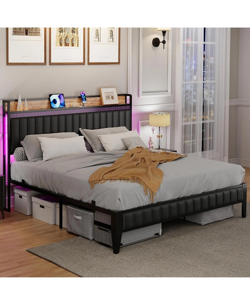 gaomon Queen Bed Frame with Charging Station, Led Bed Frame with Storage Headboard, Upholstered Platform Bed Frame, No Box Spring Needed