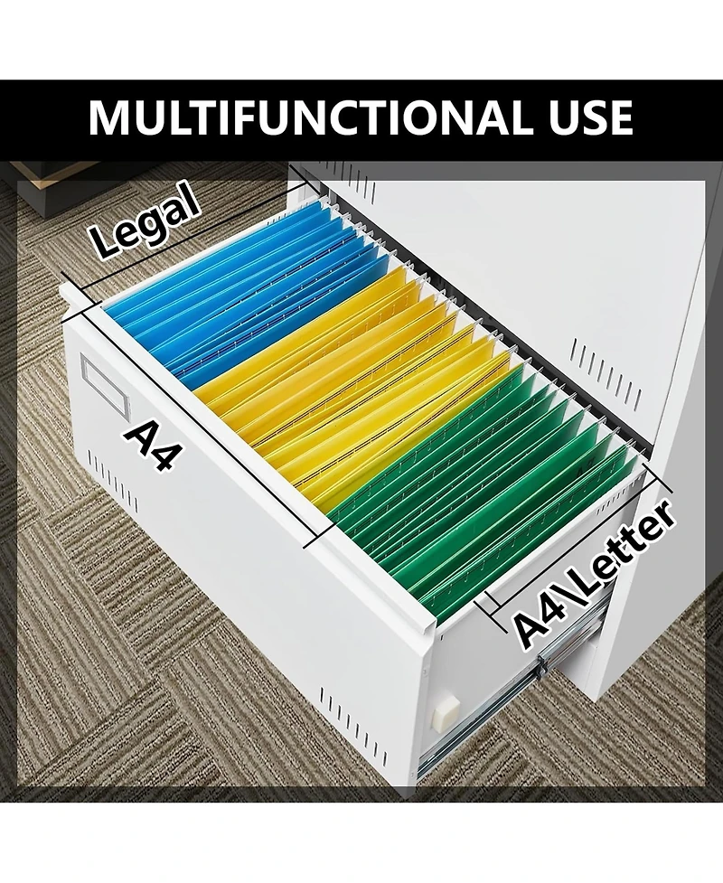Rainsken 2 Drawer Lateral File Cabinet with Lock, Home Office Metal Filing Cabinet for Letter/Legal/A4/F4 Size (White)