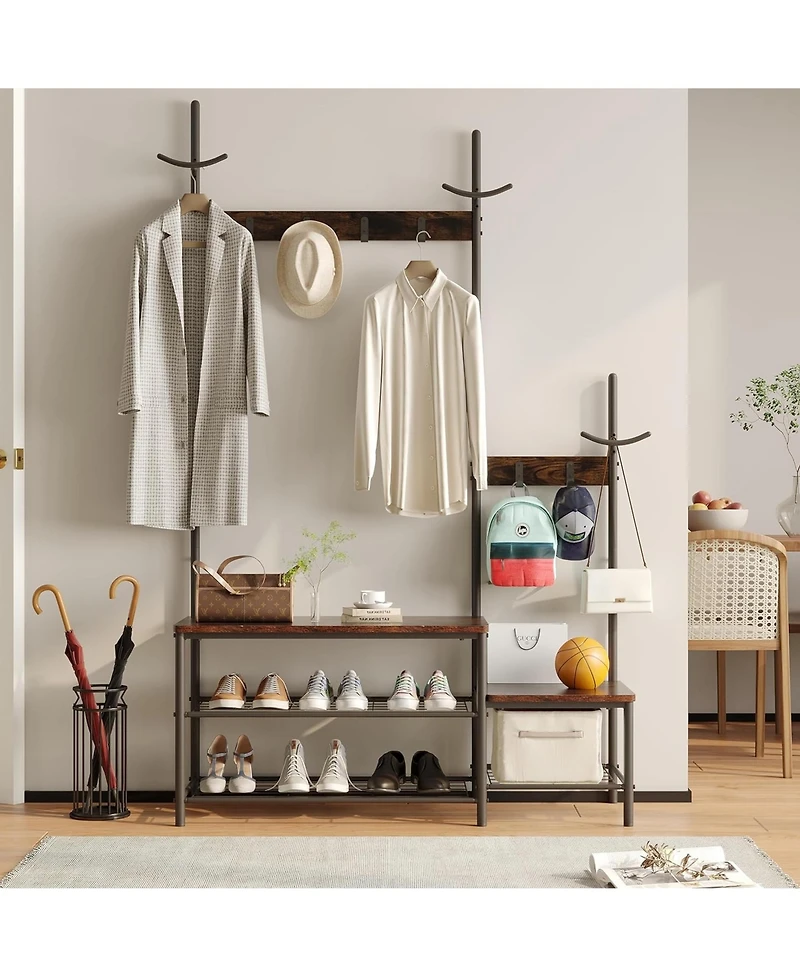 Rainsken Coat Rack with Shoe Storage Bench with High and Low Seat Design and 6 Hooks for Entryway, Hallways