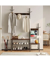 Rainsken Coat Rack with Shoe Storage Bench with High and Low Seat Design and 6 Hooks for Entryway, Hallways