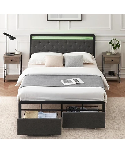 gaomon Queen Upholstered Platform Bed Frame Led Headboard 2 Storage Drawers Metal Slats No Box Spring Easy Assembly