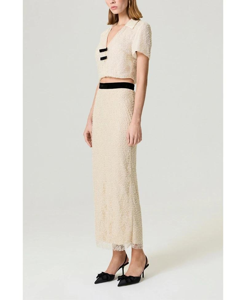 Nocturne Women's Pearl Embellished Bow Crop Blouse