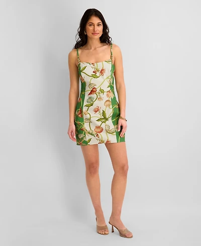 Siena Women's Printed Flax Woven Square Neck Short Dress
