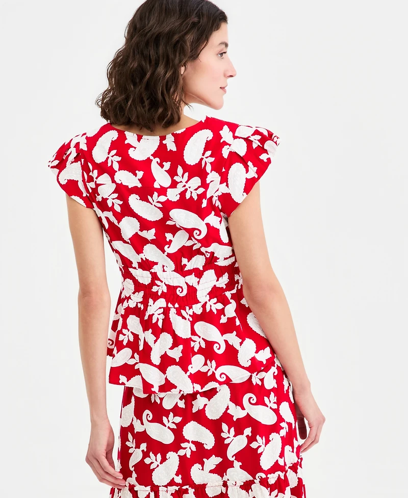 Nautica Women's Bubble-Sleeve Paisley-Print Peplum Top