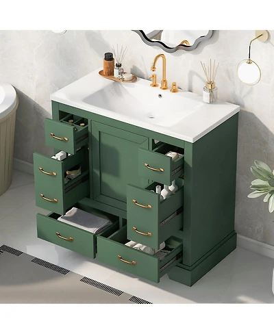 Sillysis 36 Bathroom Vanity with Sink, Solid Wood Cabinet 6 Drawers & Adjustable Shelf for Modern Storage