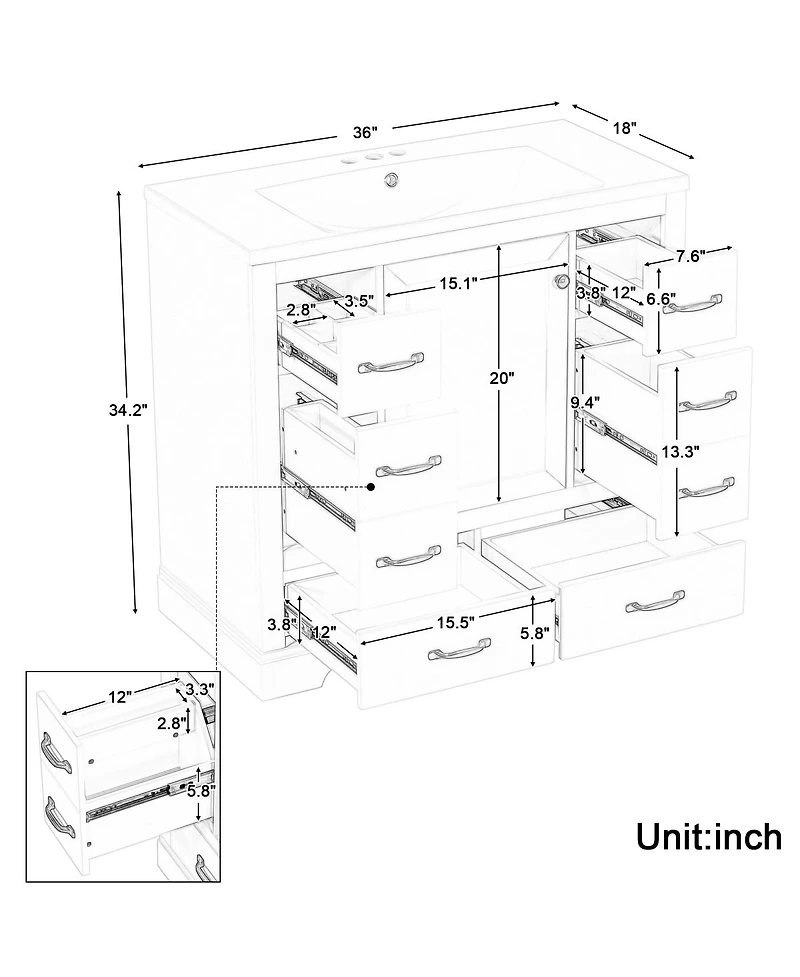Sillysis Bathroom Vanity with Sink, Solid Wood Cabinet, 6 Drawers & Adjustable Shelf for Modern Storage