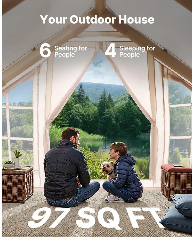 Mecale Inflatable Camping Tent, 4-6 Person, Hand Pump Included, 300D Oxford 4-Season Tent with Stove Jack, 2 Doors, 4 Mesh Windows