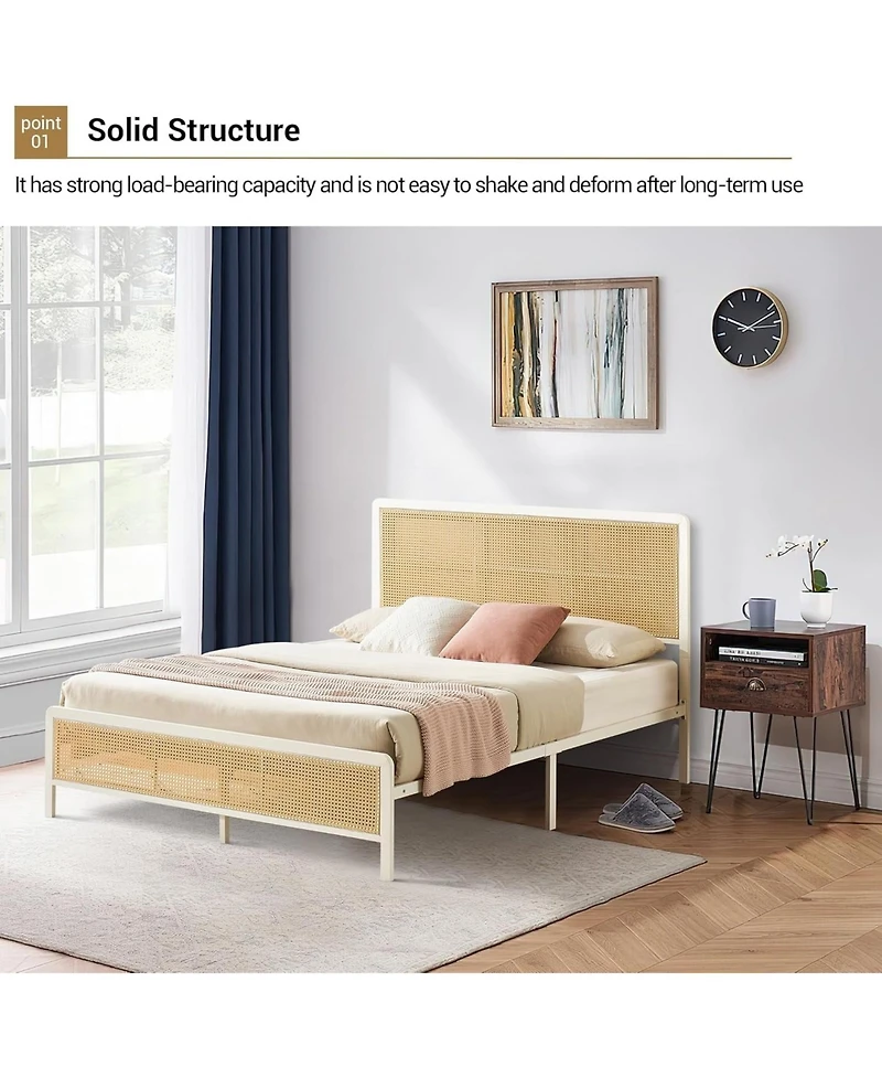gaomon Bed Frame Led Lights Rattan Headboard Heavy Duty Metal Slat Supports Platform Bed Easy Assembly No Box Spring