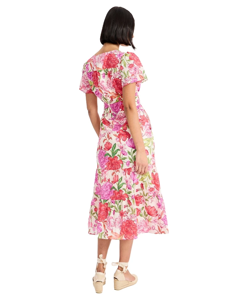 Maggy London Women's Puff-Sleeve V-Neck Midi Dress