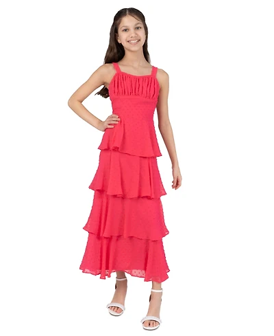 Rare Editions Girls' 7–16 Chiffon Clipdot Ruched Bust Bodice 4-Tier Ruffle Dress